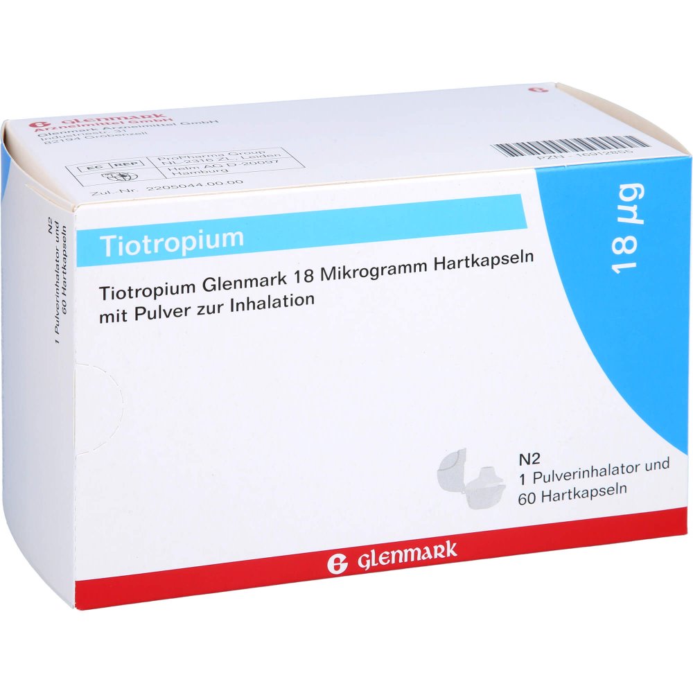 Das Produktfoto zeigt Tiotropium Glenmark 18 Μg Hkp.M.Plv.Z.Inh.+Inhaler (60 stk) PZN 16912855