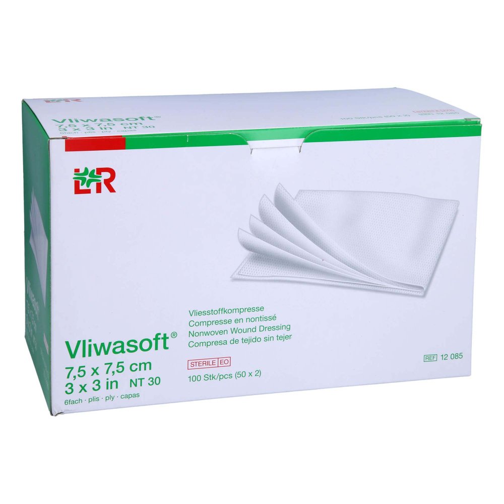 Das Produktfoto zeigt Vliwasoft Vlieskompressen Steril 7,5x7,5 Cm 6l. (50X2 stk) PZN 16926159