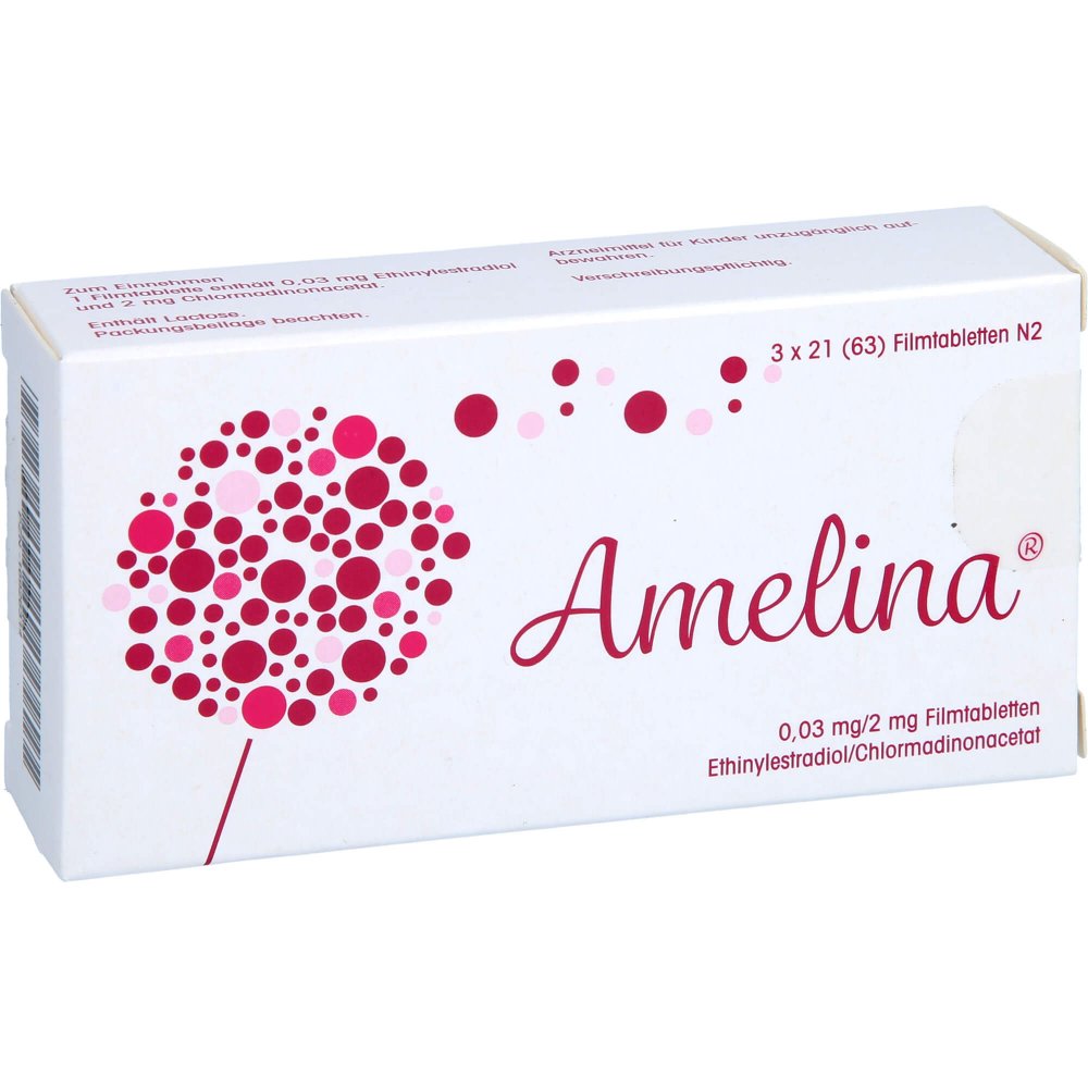 Das Produktfoto zeigt Amelina 0,03 Mg/2 Mg Filmtabletten (63 stk) PZN 16926314