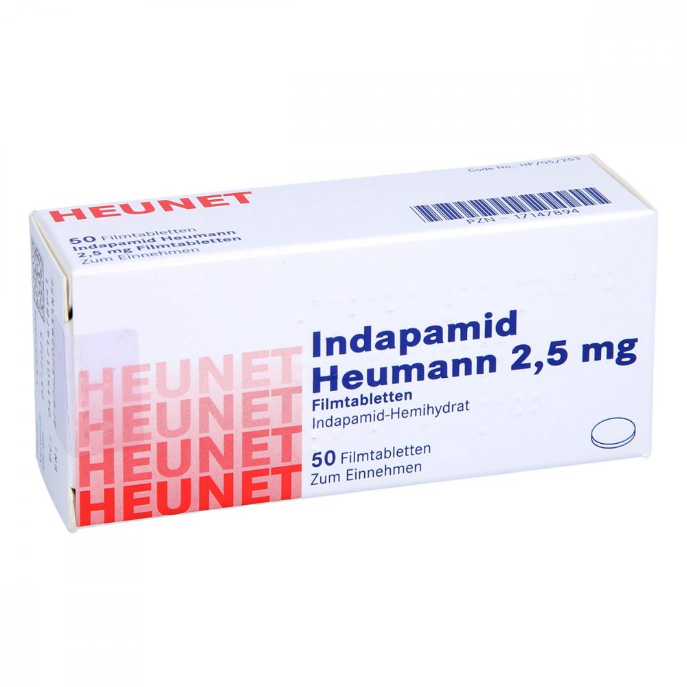 Das Produktfoto zeigt Indapamid Heumann 2,5 Mg Filmtabletten Heunet (50 stk) PZN 17147894