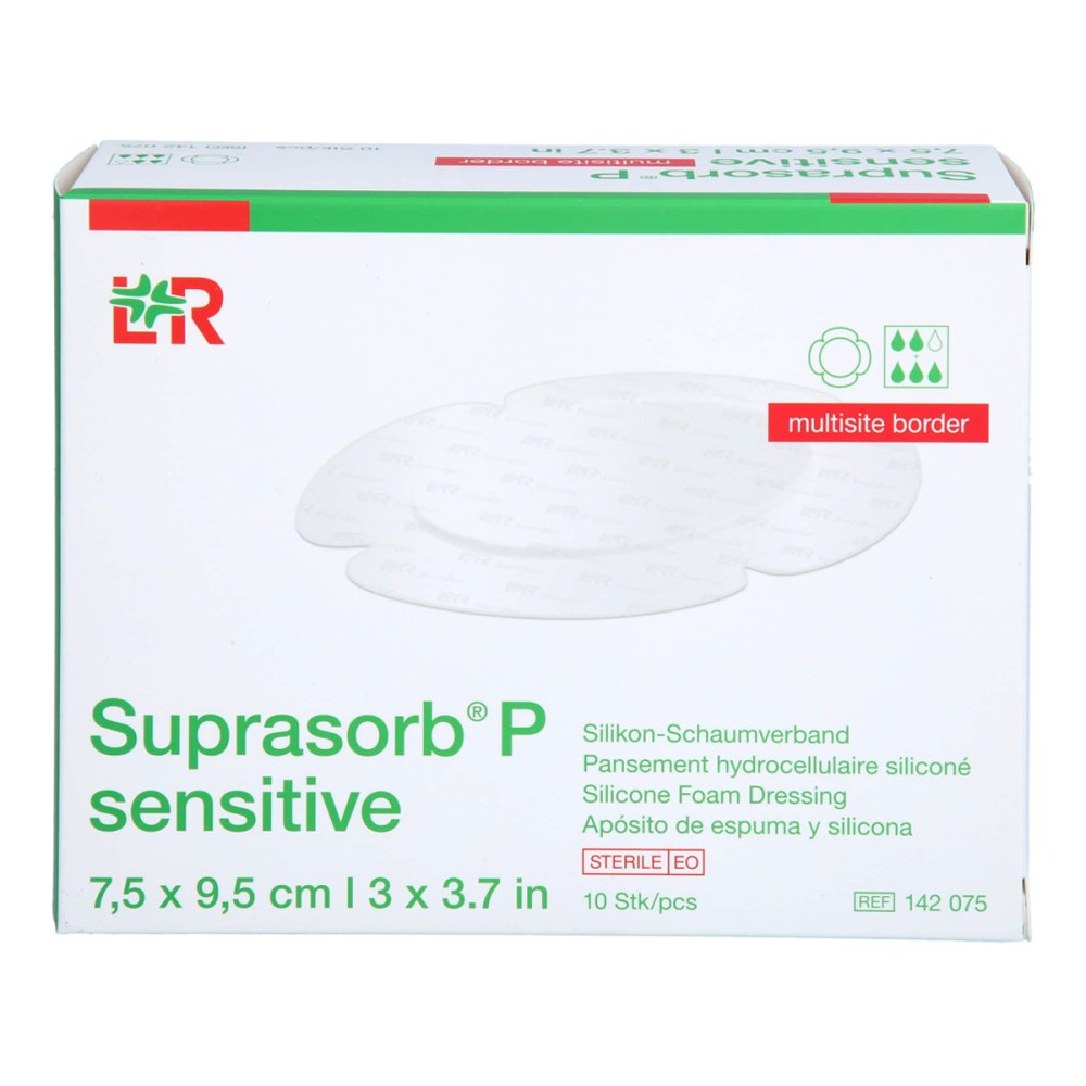 Das Produktfoto zeigt Suprasorb P Sen.Pu-Schaumv.Multis.Bor.7,5x9,5cm (10 stk) PZN 17178239
