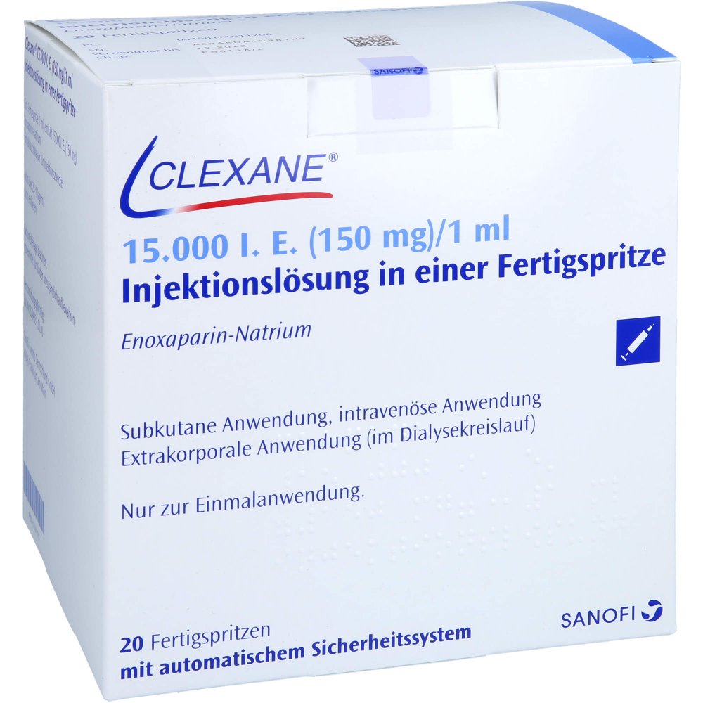 Das Produktfoto zeigt Clexane 15.000 I.E. 150mg/Ml Ilo F.Sp.+Sich-Sys. (20 stk) PZN 17181170