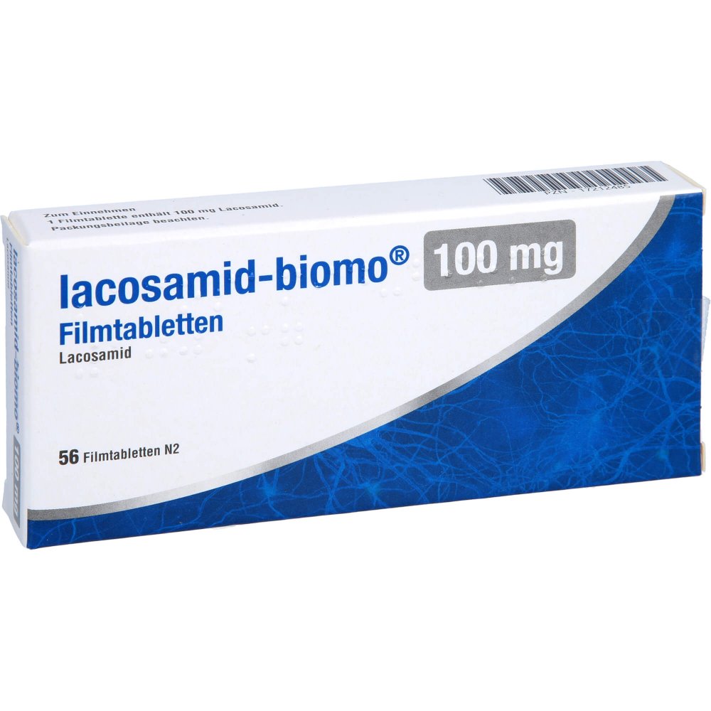 Das Produktfoto zeigt Lacosamid-Biomo 100 Mg Filmtabletten (56 stk) PZN 17212485