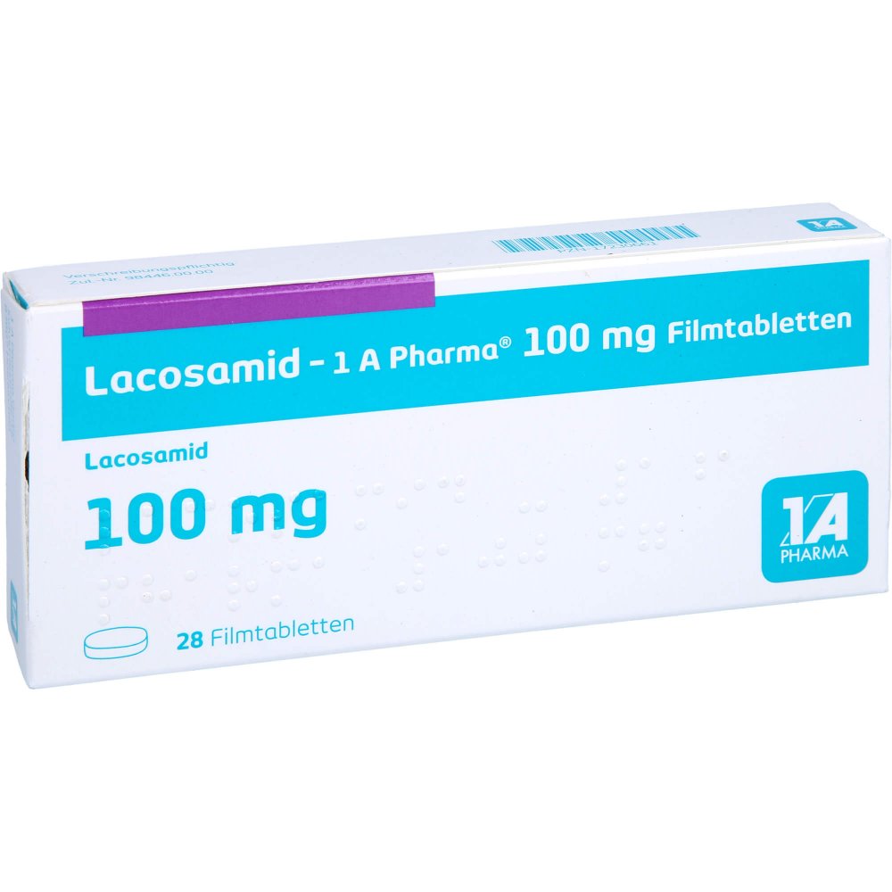 Das Produktfoto zeigt Lacosamid-1a Pharma 100 Mg Filmtabletten (28 stk) PZN 17230661