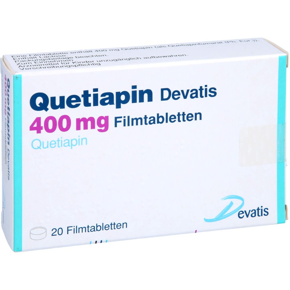 Das Produktfoto zeigt Quetiapin Devatis 400 Mg Filmtabletten (20 stk) PZN 17235836