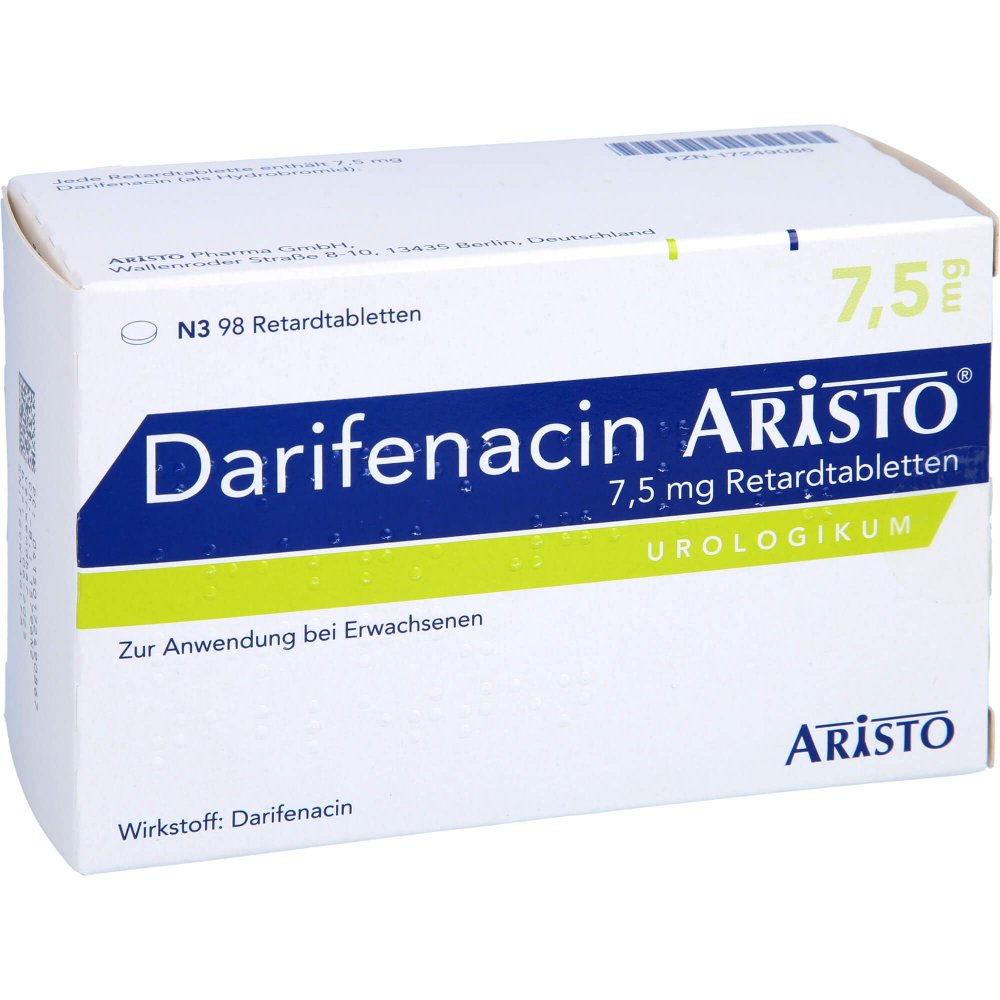 Das Produktfoto zeigt Darifenacin Aristo 7,5 Mg Retardtabletten (98 stk) PZN 17249086