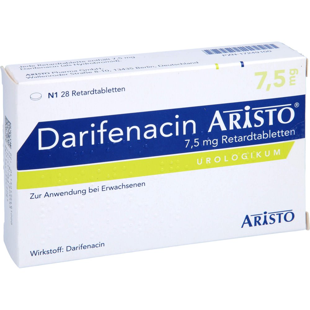 Das Produktfoto zeigt Darifenacin Aristo 7,5 Mg Retardtabletten (28 stk) PZN 17249100