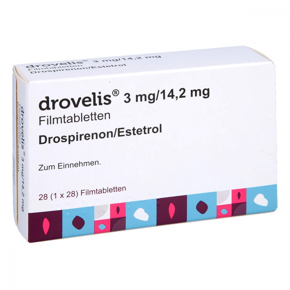 Das Produktfoto zeigt Drovelis 3 Mg/14,2 Mg Filmtabletten (1X28 stk) PZN 17293213