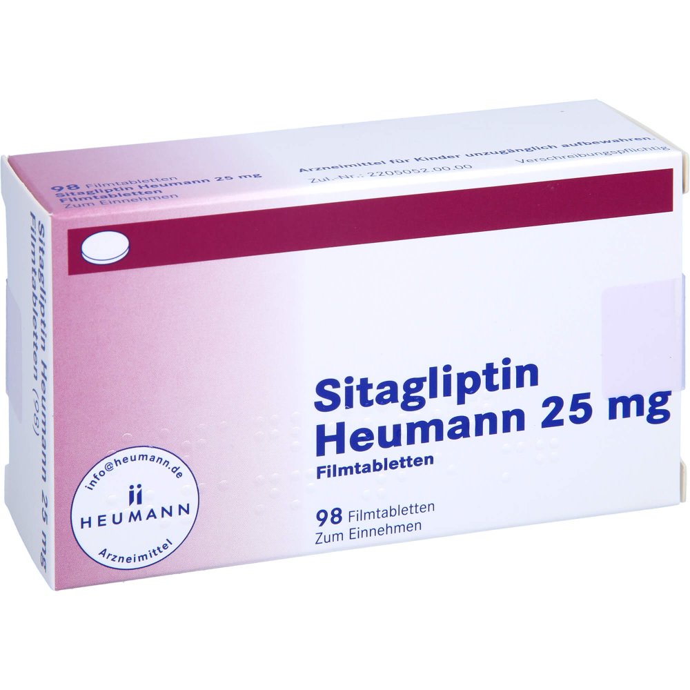 Das Produktfoto zeigt Sitagliptin Heumann 25 Mg Filmtabletten (98 stk) PZN 17367503