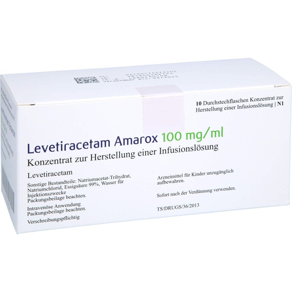 Das Produktfoto zeigt Levetiracetam Amarox 100 Mg/Ml K.H.Inf.-Lsg.500mg (10X5 ml) PZN 17447320