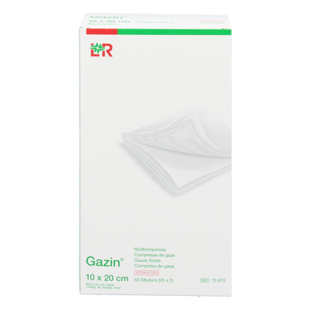 Das Produktfoto zeigt Gazin Mullkomp.10x20 Cm Steril 8fach (25X2 stk) PZN 17492208