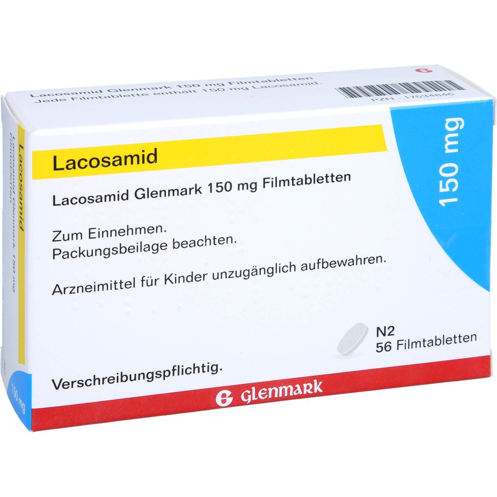 Das Produktfoto zeigt Lacosamid Glenmark 150 Mg Filmtabletten (56 stk) PZN 17534846