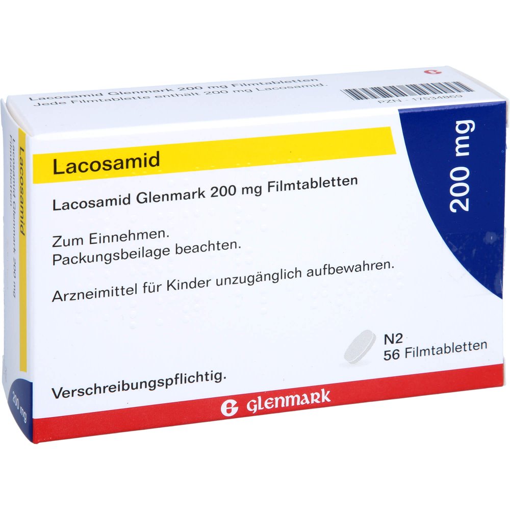 Das Produktfoto zeigt Lacosamid Glenmark 200 Mg Filmtabletten (56 stk) PZN 17534869