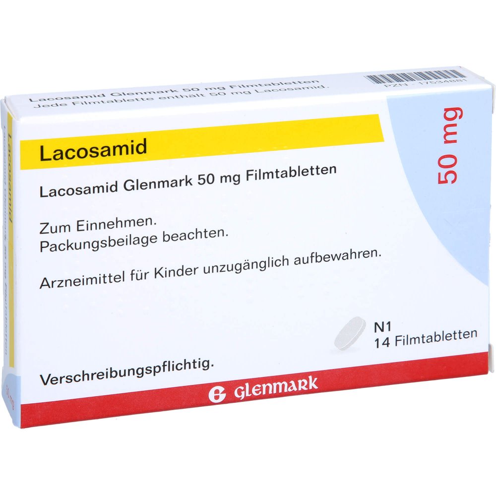 Das Produktfoto zeigt Lacosamid Glenmark 50 Mg Filmtabletten (14 stk) PZN 17534881