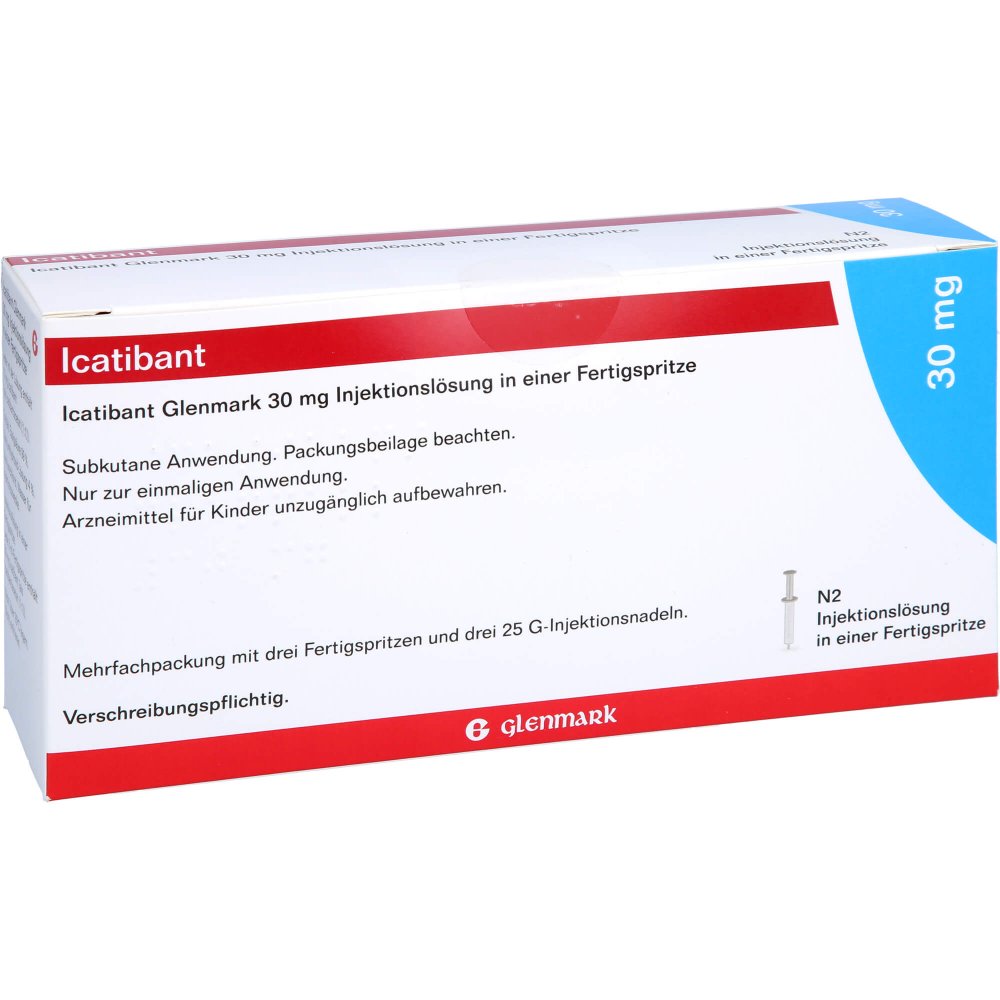 Das Produktfoto zeigt Icatibant Glenmark 30 Mg/3 Ml Inj.-Lsg.I.E.F.-Sp. (3 stk) PZN 17535082