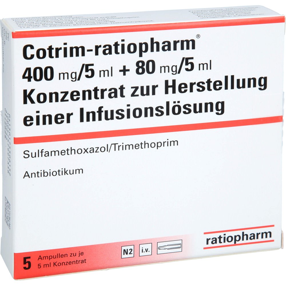 Das Produktfoto zeigt Cotrim-Ratiopharm 400mg/5ml + 80mg/5ml K.H.Inf.-L. (5 stk) PZN 17550615