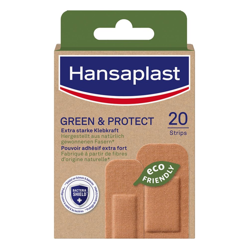 Das Produktfoto zeigt Hansaplast Green & Protect Pflasterstrips (20 stk) PZN 17560714
