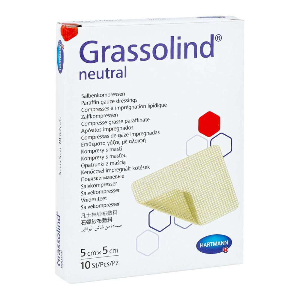 Das Produktfoto zeigt Grassolind Salbenkompressen 5x5 Cm Steril (10 stk) PZN 17565829
