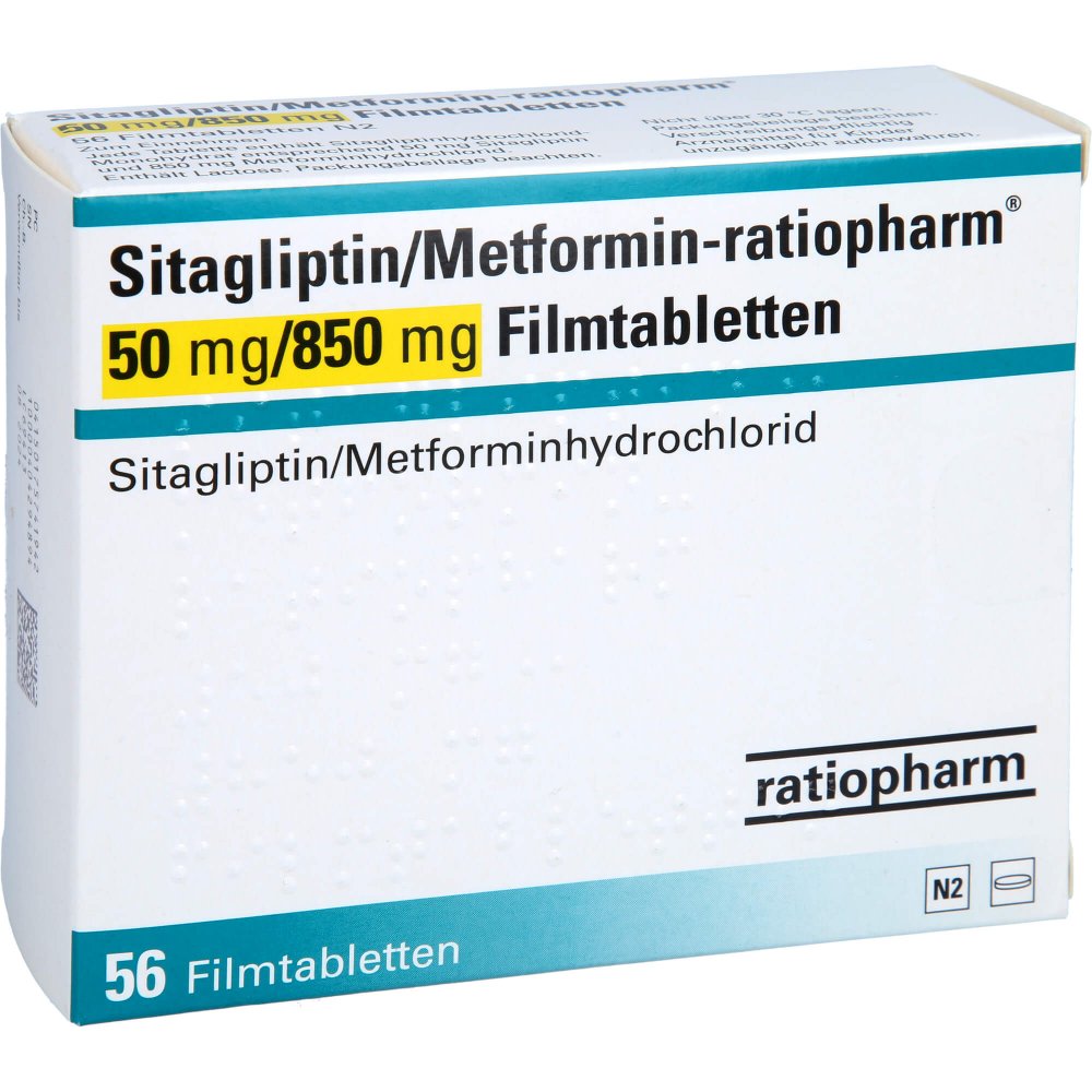 Das Produktfoto zeigt Sitagliptin/Metformin-Ratiopharm 50mg/850mg Fta (56 stk) PZN 17574194