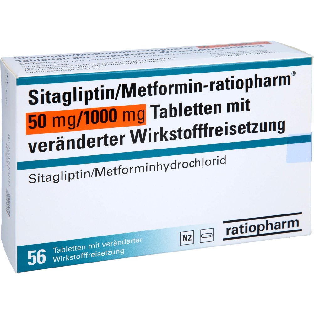 Das Produktfoto zeigt Sitagliptin/Metformin-Ratiopharm 50mg/1000mg Tvw (56 stk) PZN 17574254