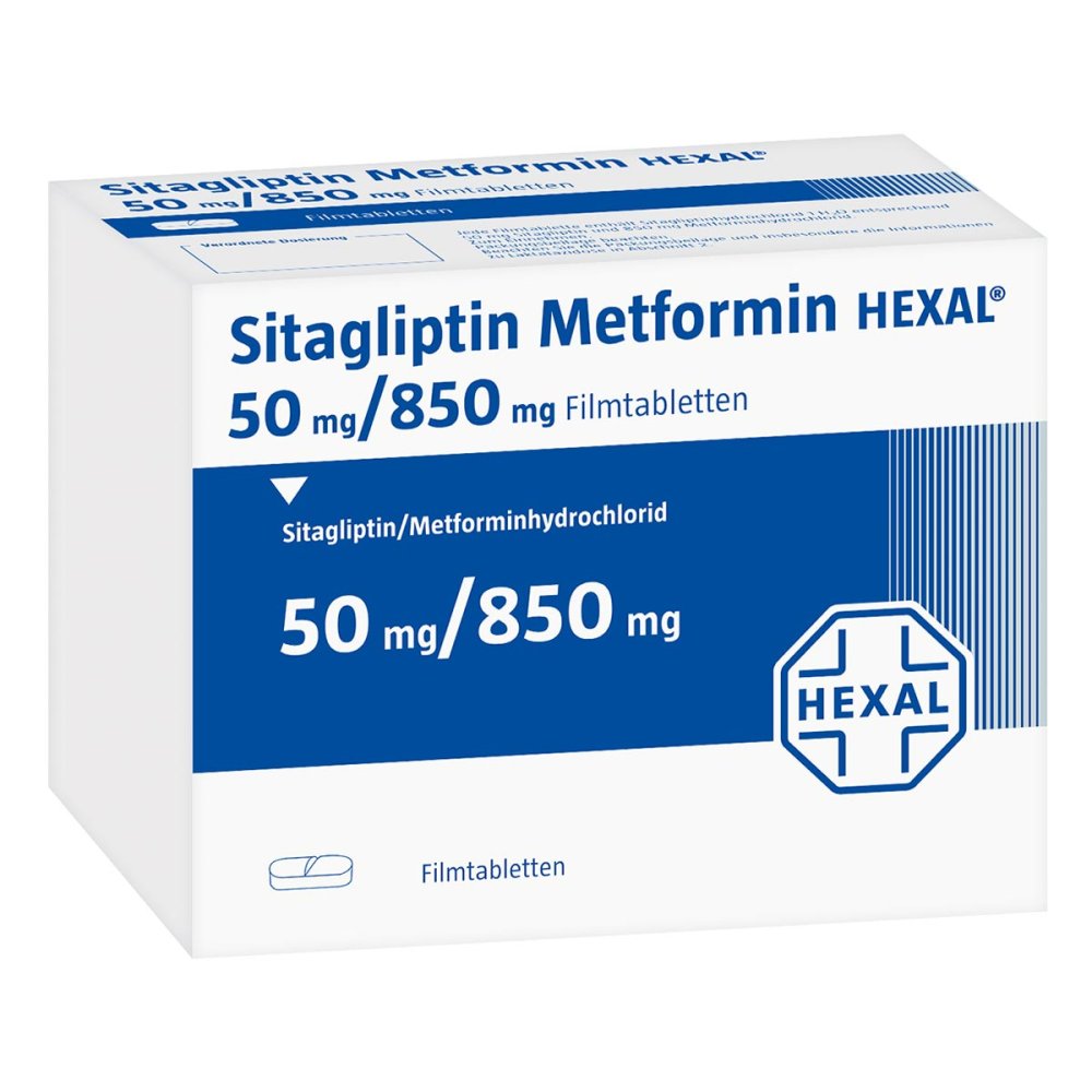 Das Produktfoto zeigt Sitagliptin Metformin Hexal 50 Mg/850 Mg Filmtabl. (56 stk) PZN 17575360