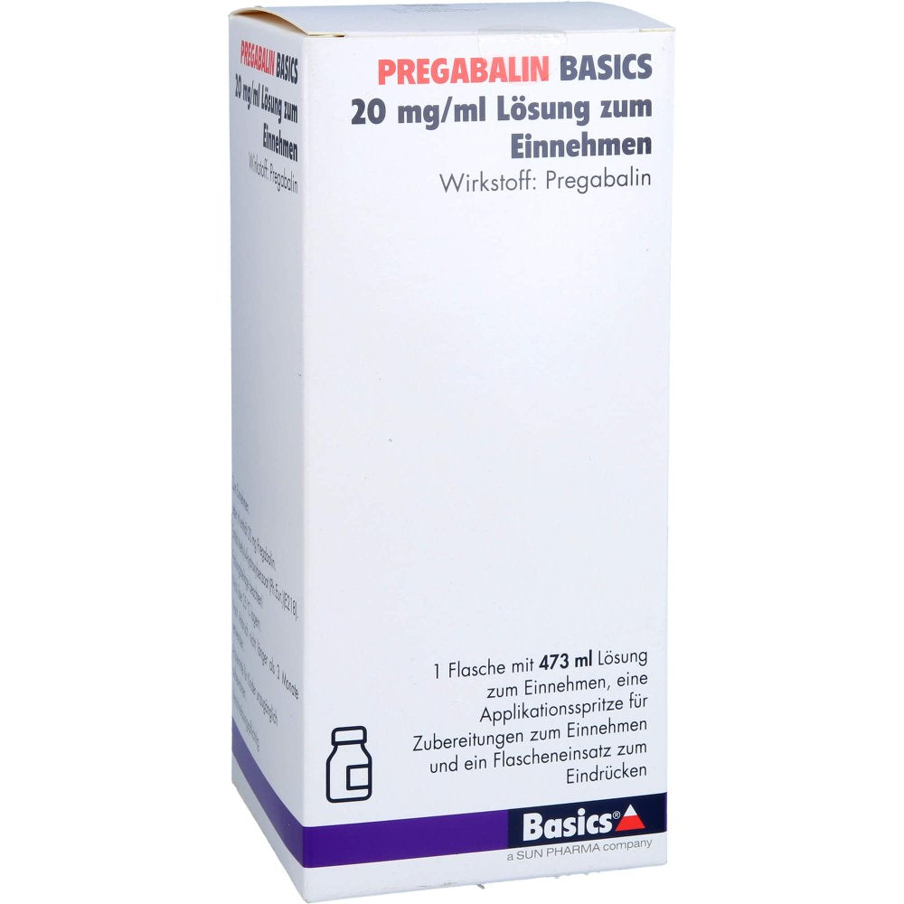 Das Produktfoto zeigt Pregabalin Basics 20 Mg/Ml Lösung Zum Einnehmen (473 ml) PZN 17580616