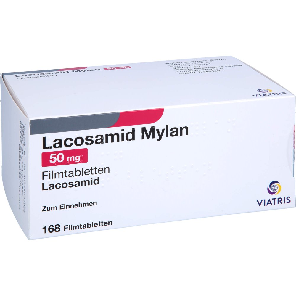 Das Produktfoto zeigt Lacosamid Mylan 50 Mg Filmtabletten (168 stk) PZN 17592200