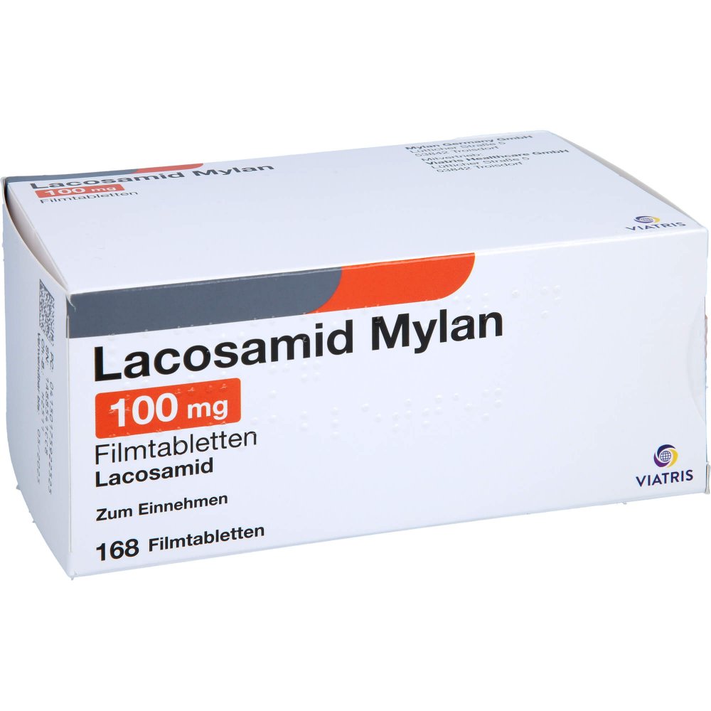 Das Produktfoto zeigt Lacosamid Mylan 100 Mg Filmtabletten (168 stk) PZN 17592252