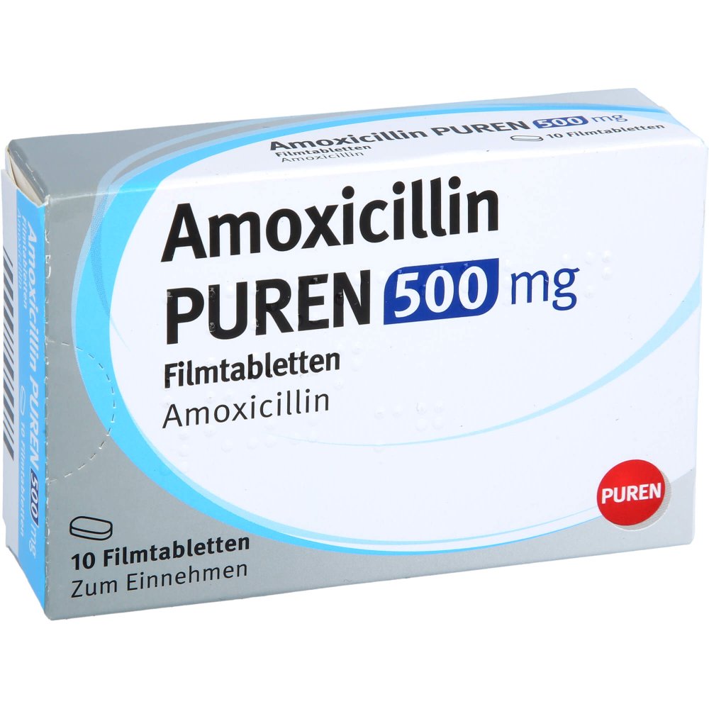 Das Produktfoto zeigt Amoxicillin Puren 500 Mg Filmtabletten (10 stk) PZN 17604162