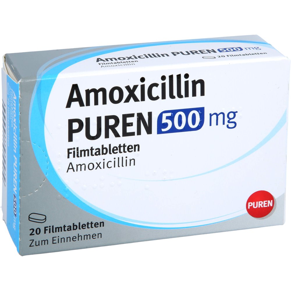 Das Produktfoto zeigt Amoxicillin Puren 500 Mg Filmtabletten (20 stk) PZN 17604179