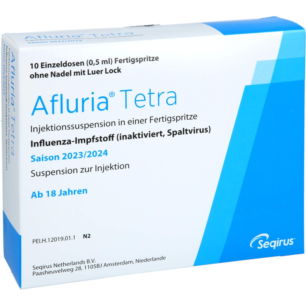 Das Produktfoto zeigt Afluria Tetra 2023/2024 Inj.-Susp.F-Spr.O.Kanüle (10X0.5 ml) PZN 17620971