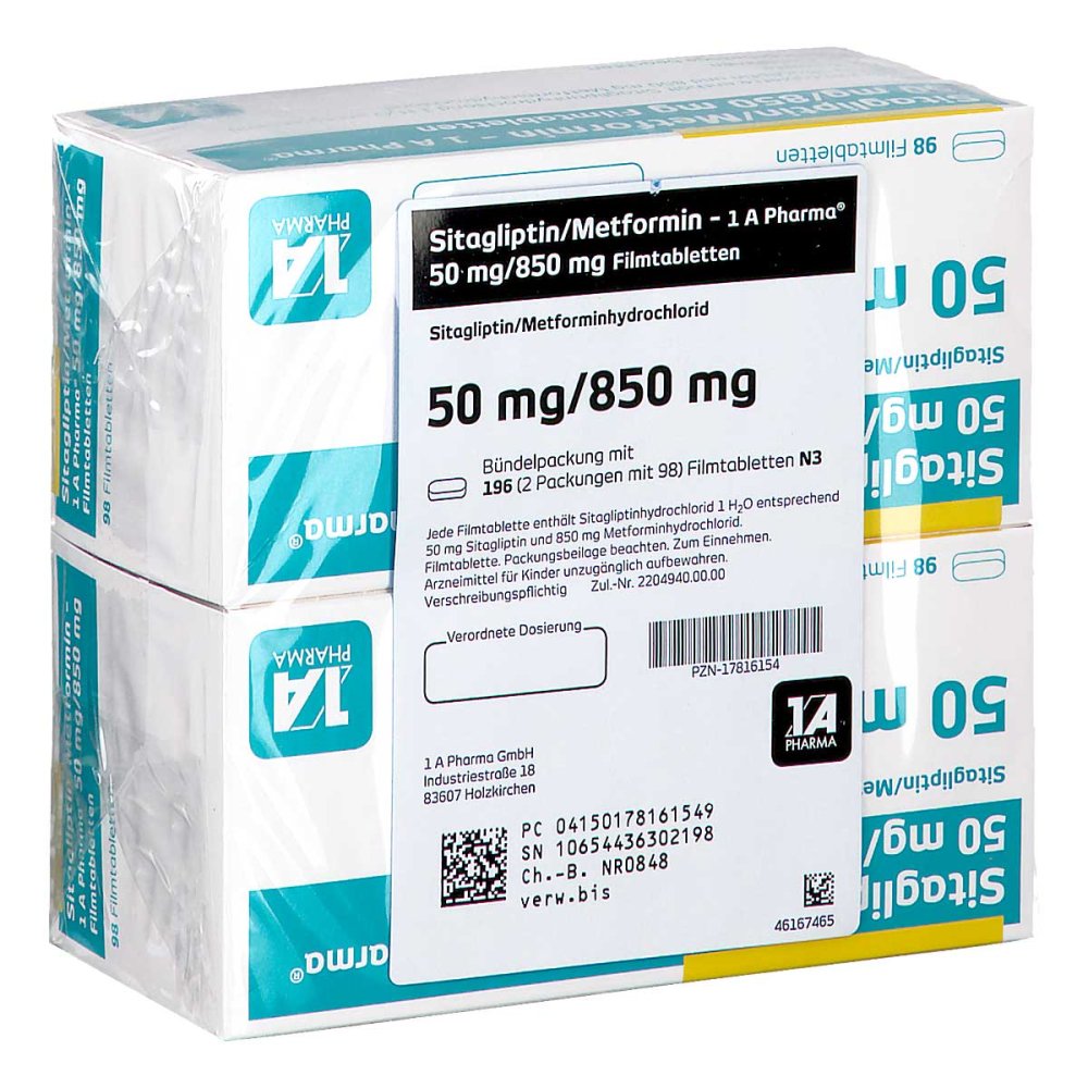 Das Produktfoto zeigt Sitagliptin/Metformin-1a Pharma 50 Mg/850 Mg Fta (196 stk) PZN 17816154