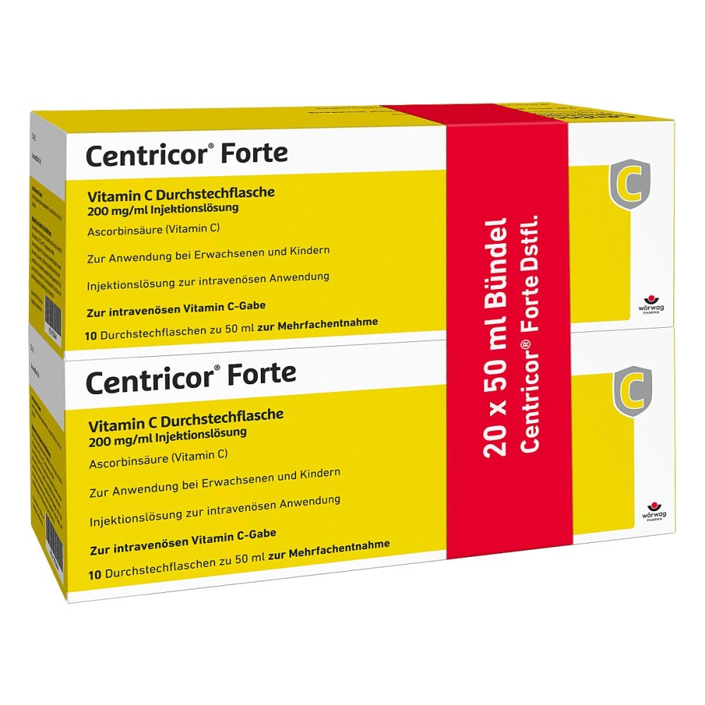 Das Produktfoto zeigt Centricor Forte Vitamin C Dsfl. 200 Mg/Ml Inj.-L. (20X50 ml) PZN 17830444