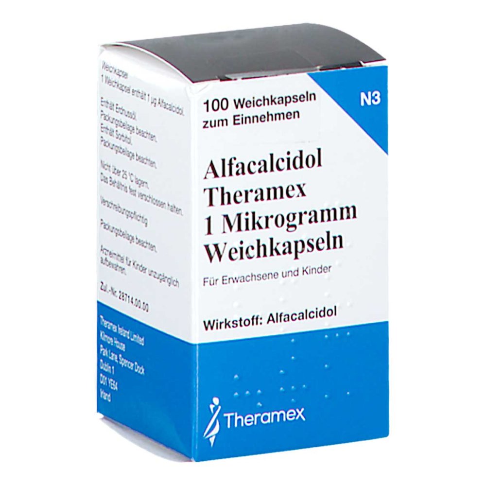 Das Produktfoto zeigt Alfacalcidol Theramex 1 Mikrogramm Weichkapseln (100 stk) PZN 17841896