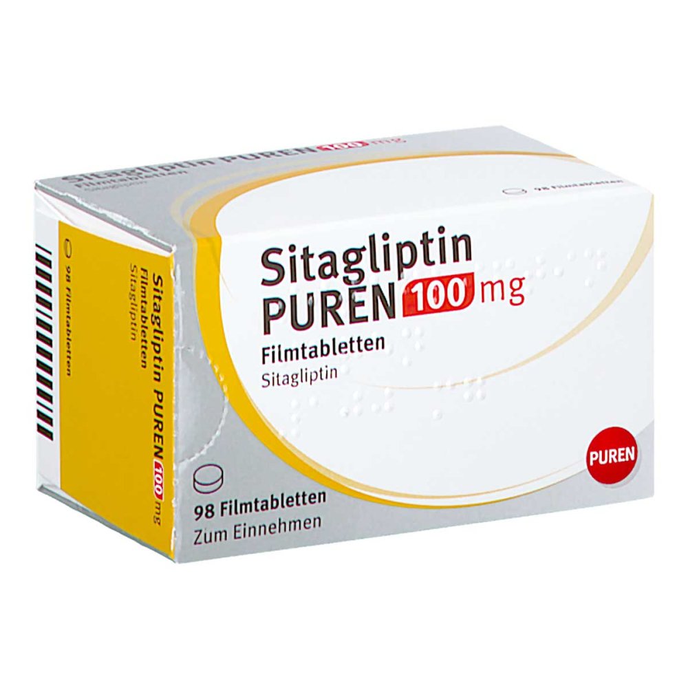 Das Produktfoto zeigt Sitagliptin Puren 100 Mg Filmtabletten (98 stk) PZN 17844937