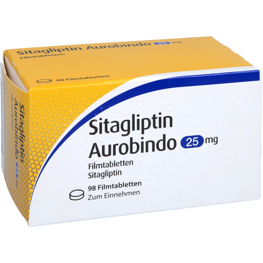 Das Produktfoto zeigt Sitagliptin Aurobindo 25 Mg Filmtabletten (98 stk) PZN 17844966