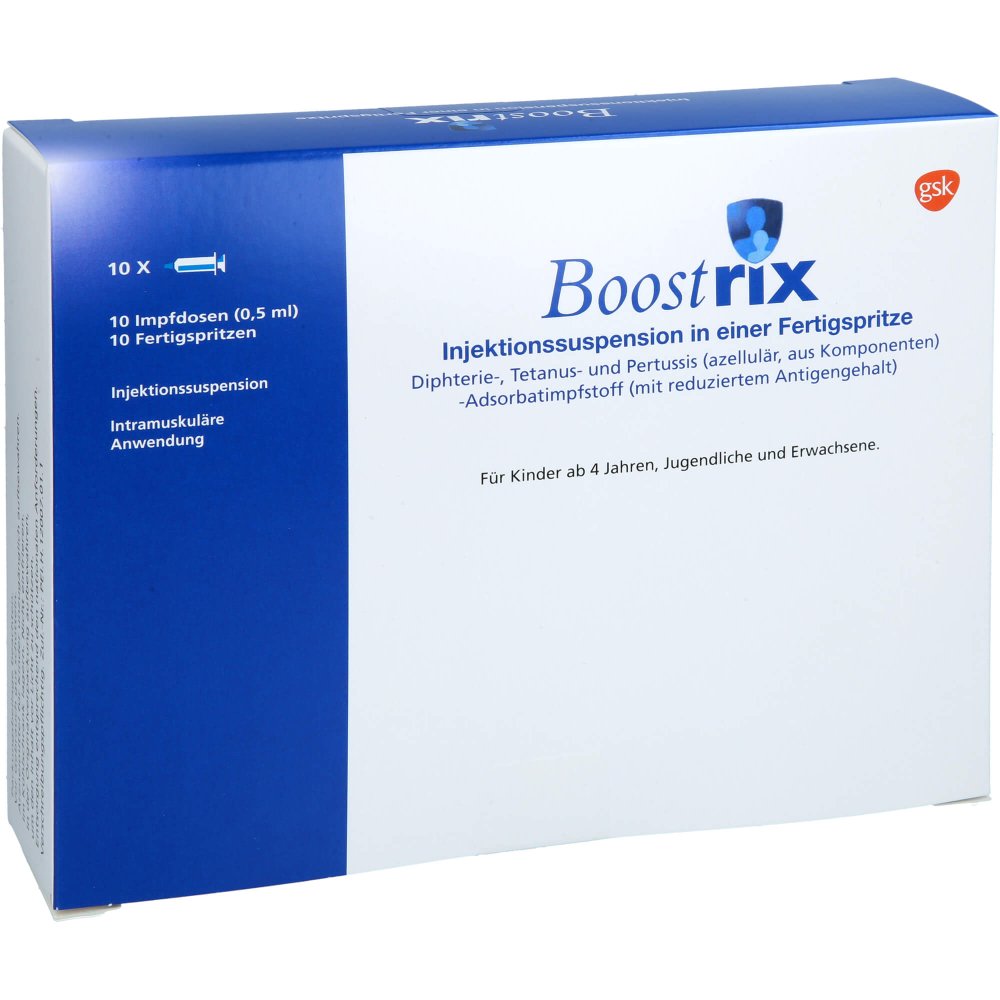 Das Produktfoto zeigt Boostrix Inj.-Susp.I.E.Fertigspritze (10X0.5 ml) PZN 17847410