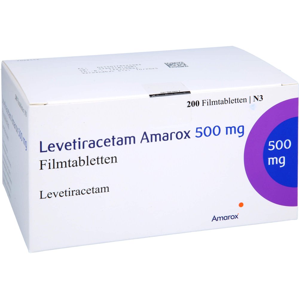 Das Produktfoto zeigt Levetiracetam Amarox 500 Mg Filmtabletten (200 stk) PZN 17852598