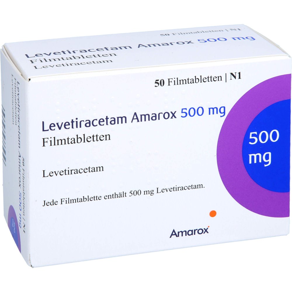Das Produktfoto zeigt Levetiracetam Amarox 500 Mg Filmtabletten (50 stk) PZN 17852612