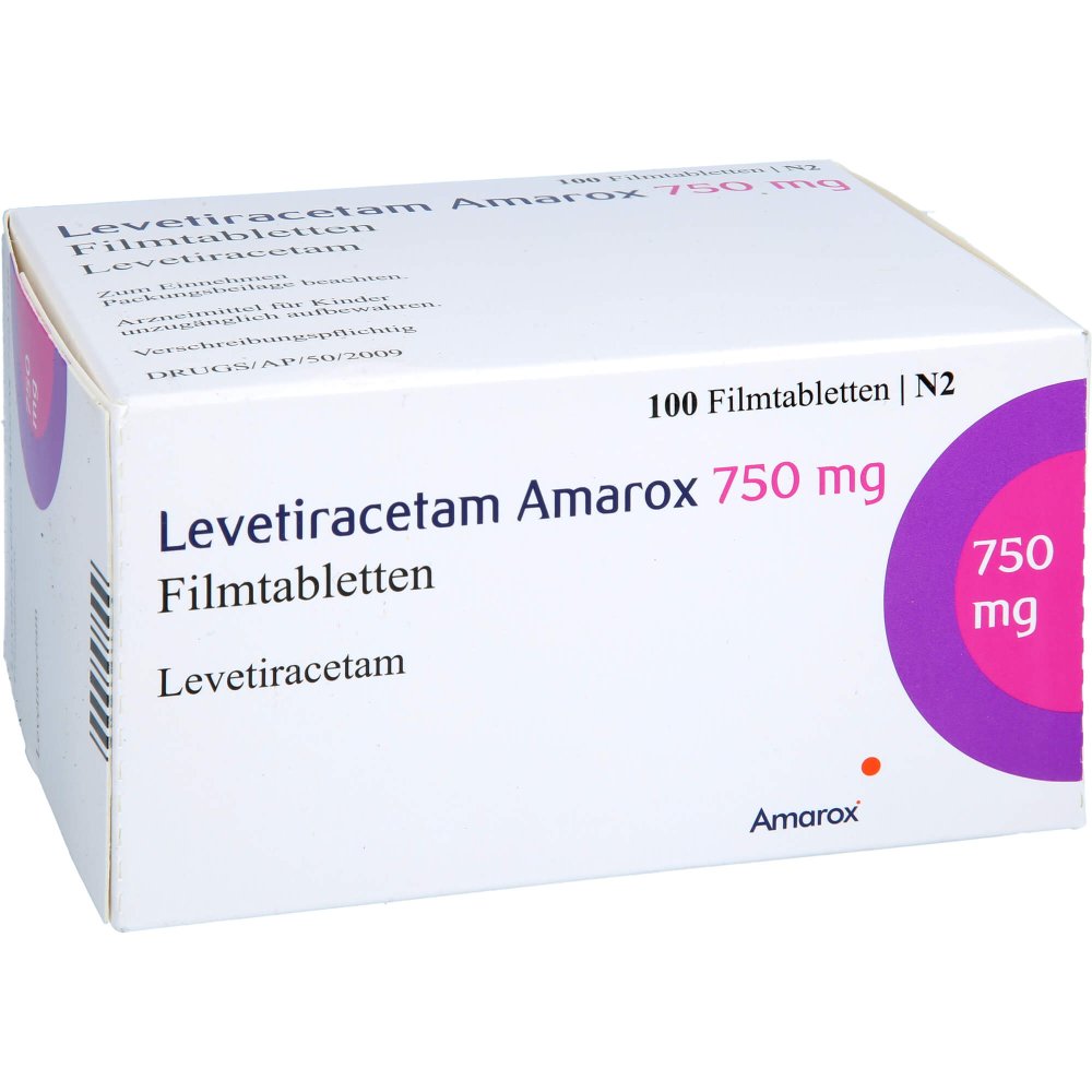 Das Produktfoto zeigt Levetiracetam Amarox 750 Mg Filmtabletten (100 stk) PZN 17852664
