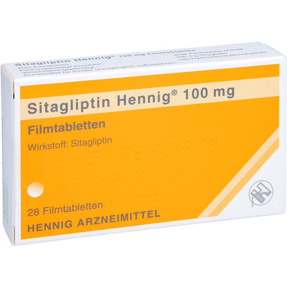 Das Produktfoto zeigt Sitagliptin Hennig 100 Mg Filmtabletten (28 stk) PZN 17858460