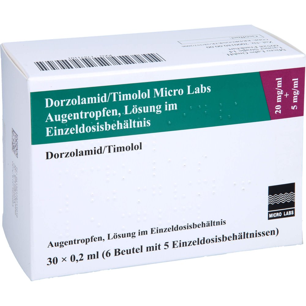 Das Produktfoto zeigt Dorzolamid/Timolol Micro Labs 20mg/Ml+5mg/Ml At Ed (30X0.2 ml) PZN 17871101