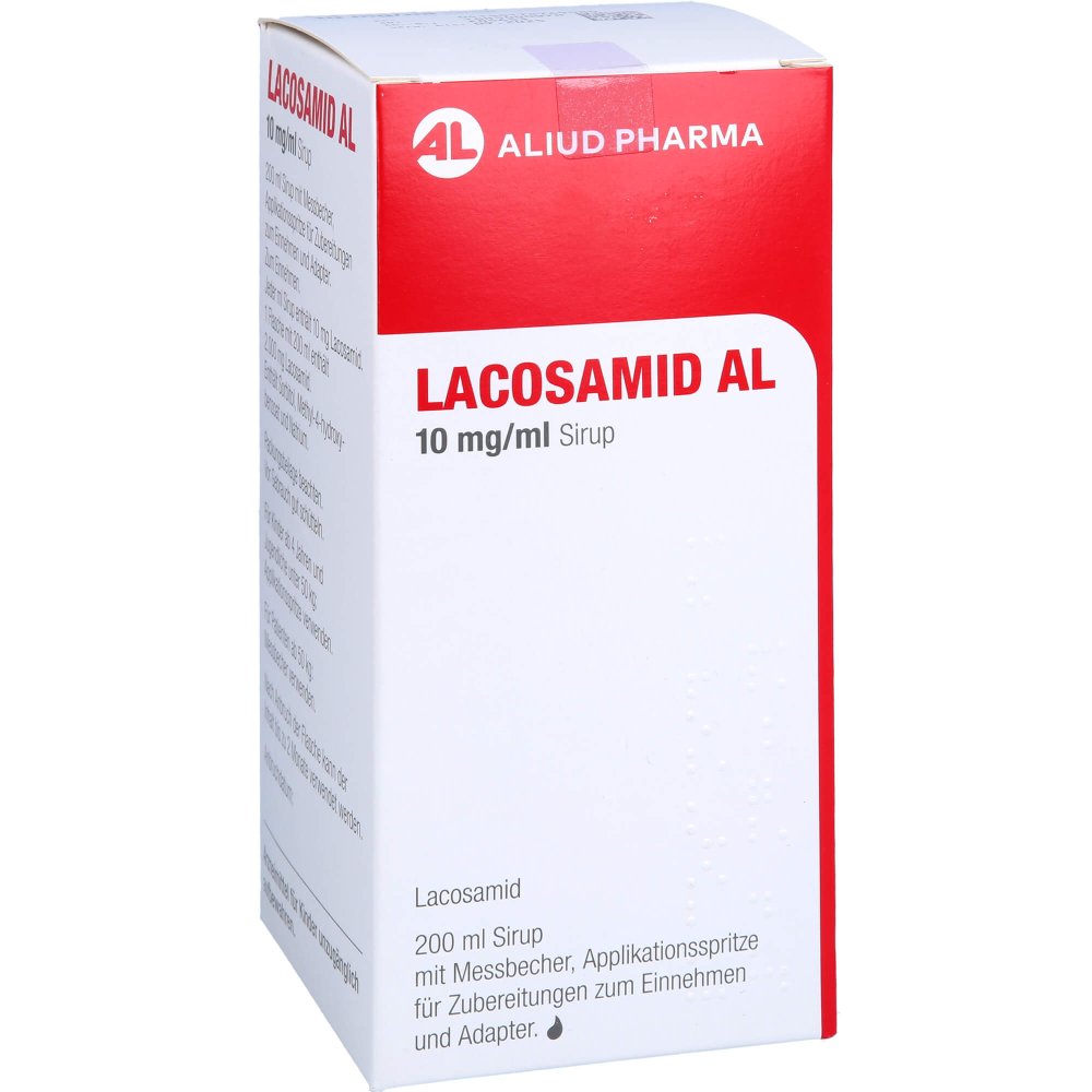 Das Produktfoto zeigt Lacosamid Al 10 Mg/Ml Sirup (200 ml) PZN 17876908