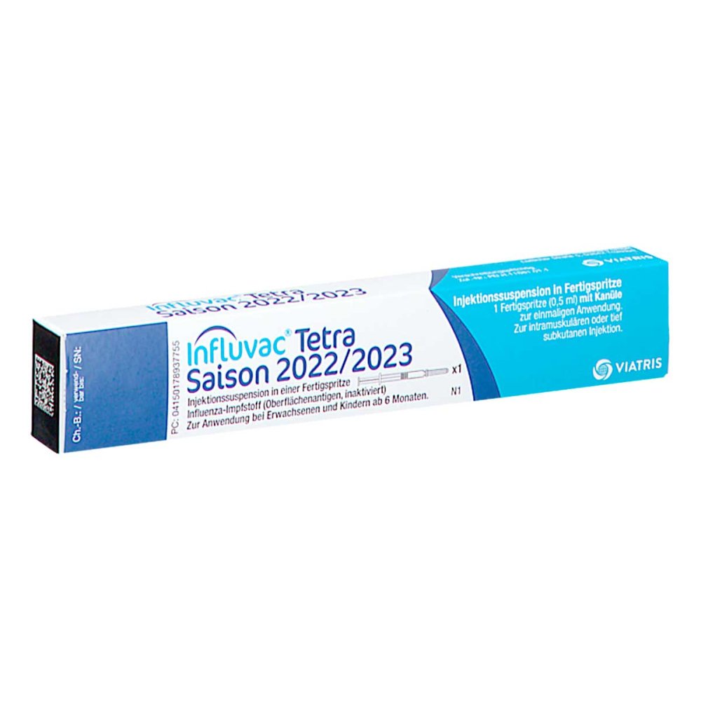 Das Produktfoto zeigt Influvac Tetra 2022/2023 Inj.-Susp.F.-Sp.Mit Kan. (0.5 ml) PZN 17893775