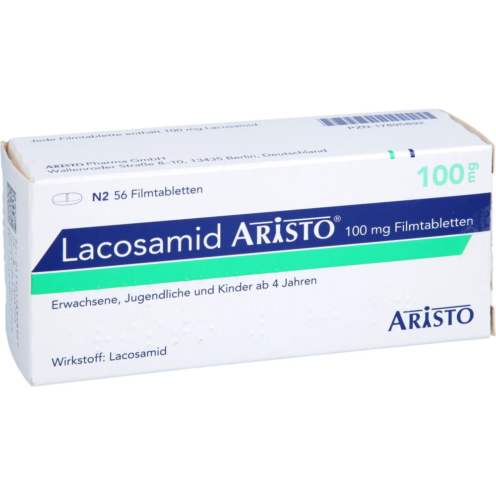 Das Produktfoto zeigt Lacosamid Aristo 100 Mg Filmtabletten (56 stk) PZN 17895892