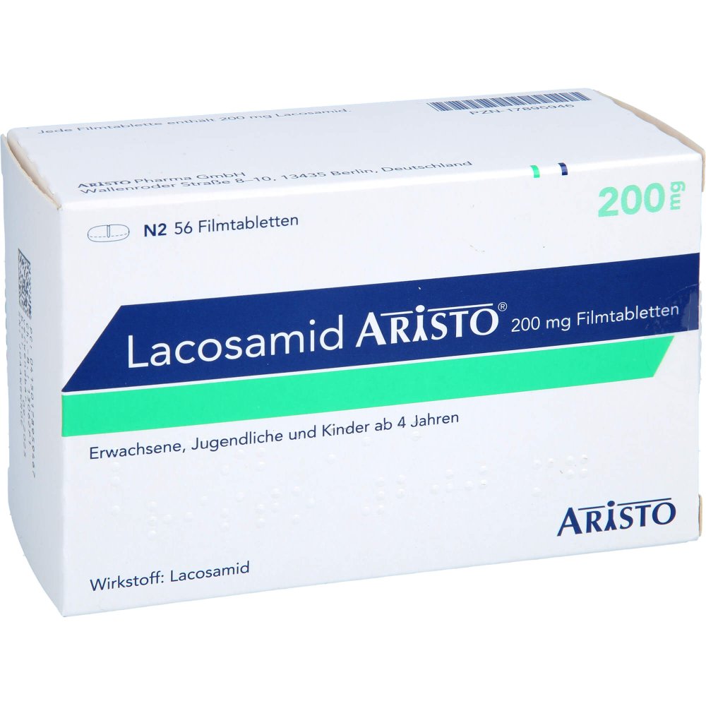 Das Produktfoto zeigt Lacosamid Aristo 200 Mg Filmtabletten (56 stk) PZN 17895946