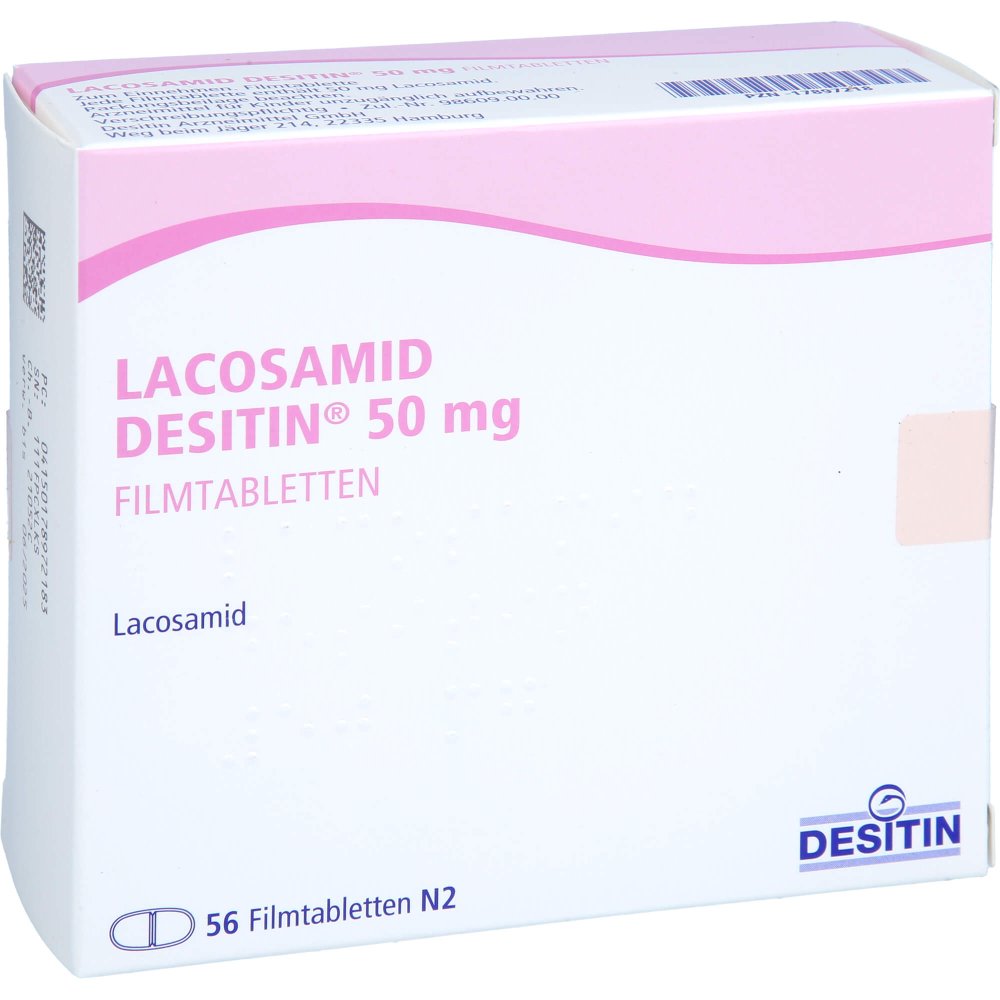 Das Produktfoto zeigt Lacosamid Desitin 50 Mg Filmtabletten (56 stk) PZN 17897218