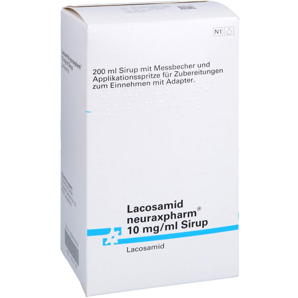 Das Produktfoto zeigt Lacosamid Neuraxpharm 10 Mg/Ml Sirup (200 ml) PZN 17921158