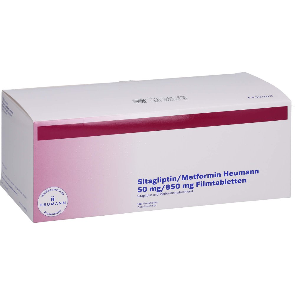 Das Produktfoto zeigt Sitagliptin/Metformin Heumann 50 Mg/850 Mg Fta (196 stk) PZN 17954330