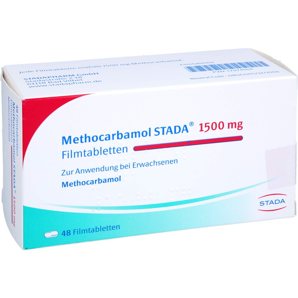 Das Produktfoto zeigt Methocarbamol Stada 1500 Mg Filmtabletten (48 stk) PZN 17974002